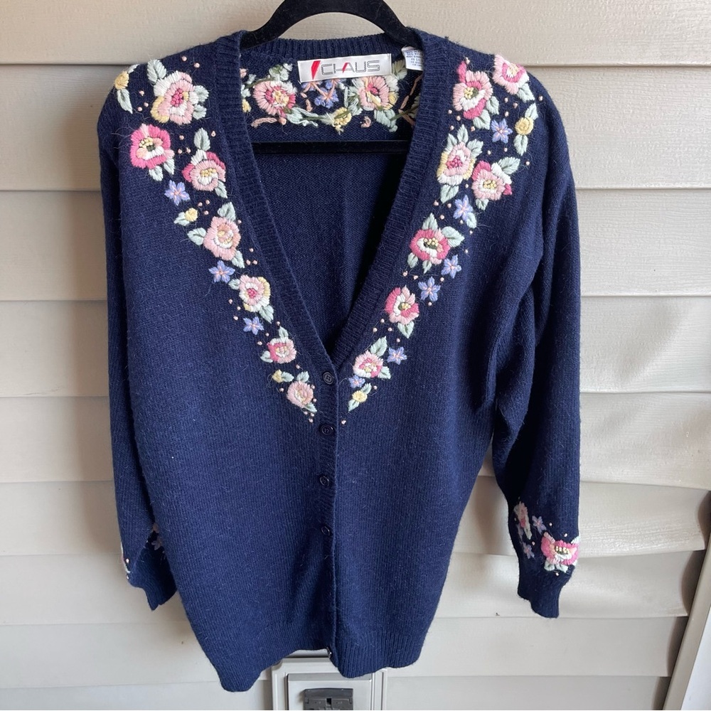 Vintage Chaus 80s Knit‎ Floral Embroidered Cardigan Sweater Medium Cottagecore
